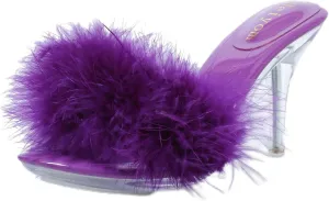 Women's Fuzzy Slippers Clear Heels Pointed Toe Stilettos Heels Mules Sandals Fluffy Feather Slip On High Heeled Party Prom Dresses Shoes