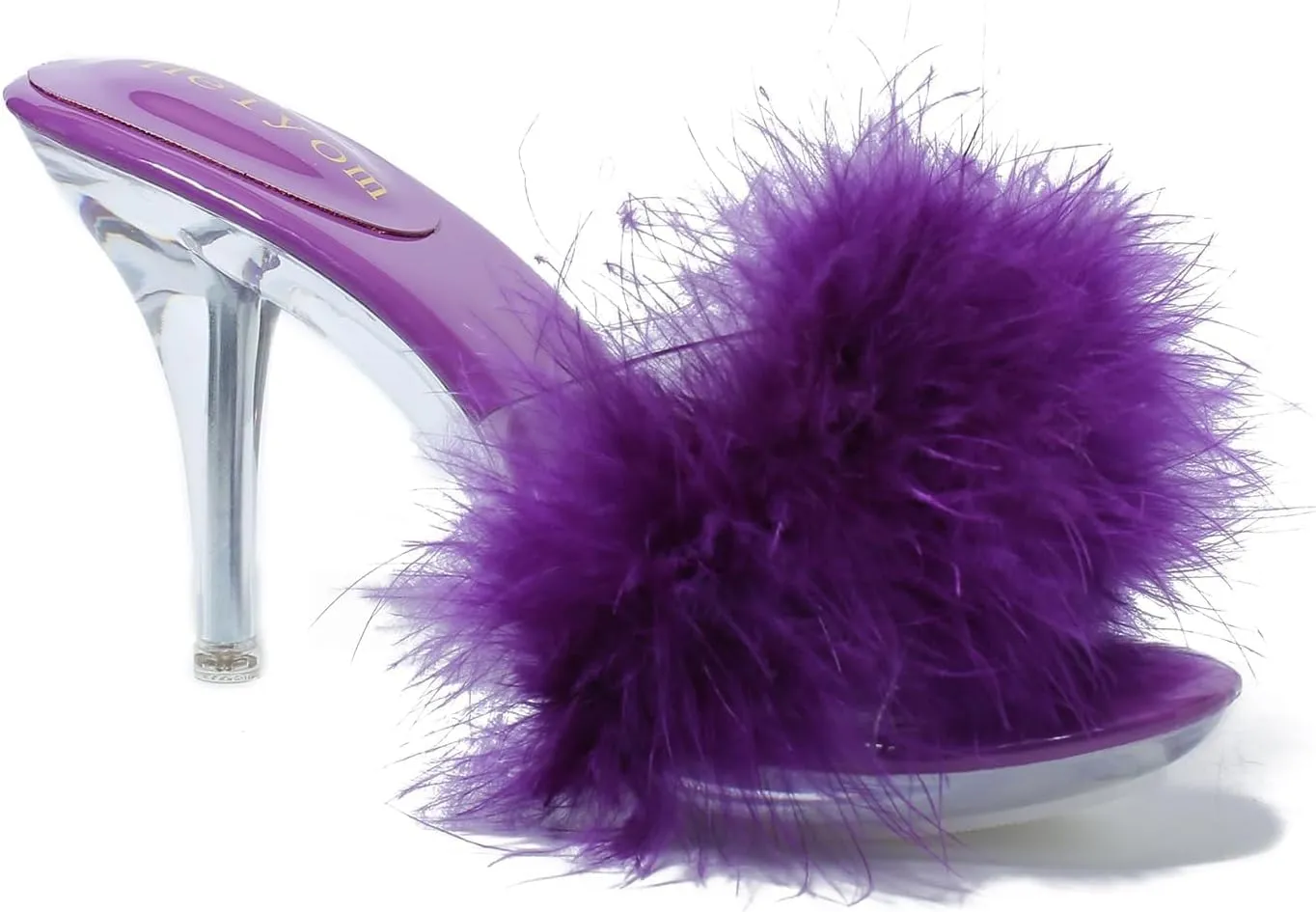 Women's Fuzzy Slippers Clear Heels Pointed Toe Stilettos Heels Mules Sandals Fluffy Feather Slip On High Heeled Party Prom Dresses Shoes