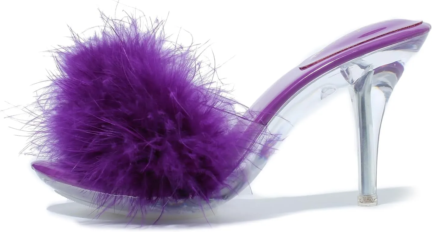 Women's Fuzzy Slippers Clear Heels Pointed Toe Stilettos Heels Mules Sandals Fluffy Feather Slip On High Heeled Party Prom Dresses Shoes