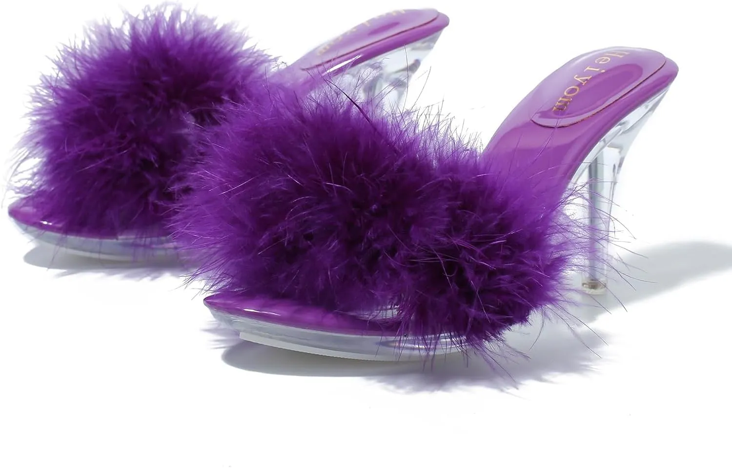 Women's Fuzzy Slippers Clear Heels Pointed Toe Stilettos Heels Mules Sandals Fluffy Feather Slip On High Heeled Party Prom Dresses Shoes