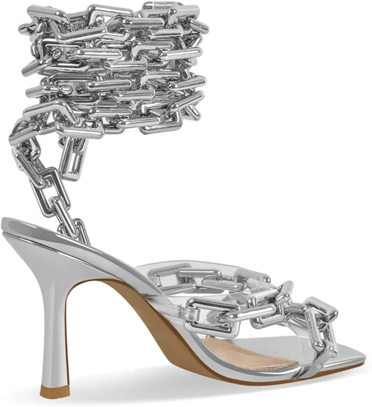 Women's Gold Chain Sandals - Square Toe Lace-Up Party Stilettos
