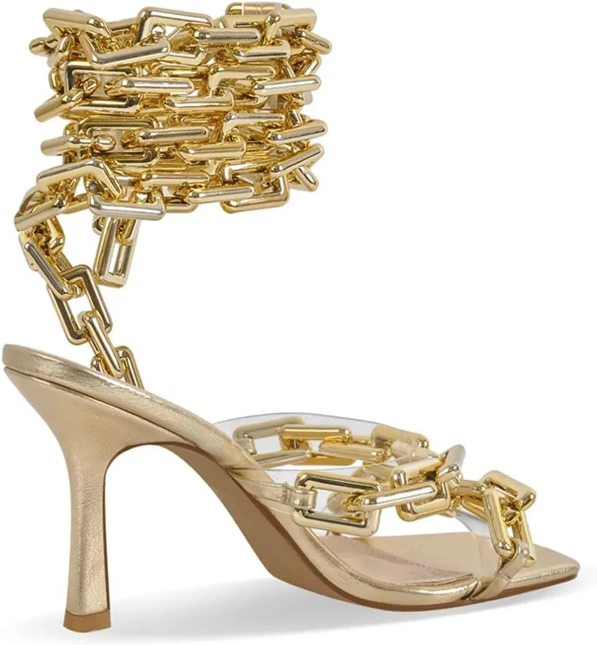 Women's Gold Chain Sandals - Square Toe Lace-Up Party Stilettos