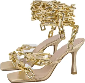 Women's Gold Chain Sandals - Square Toe Lace-Up Party Stilettos