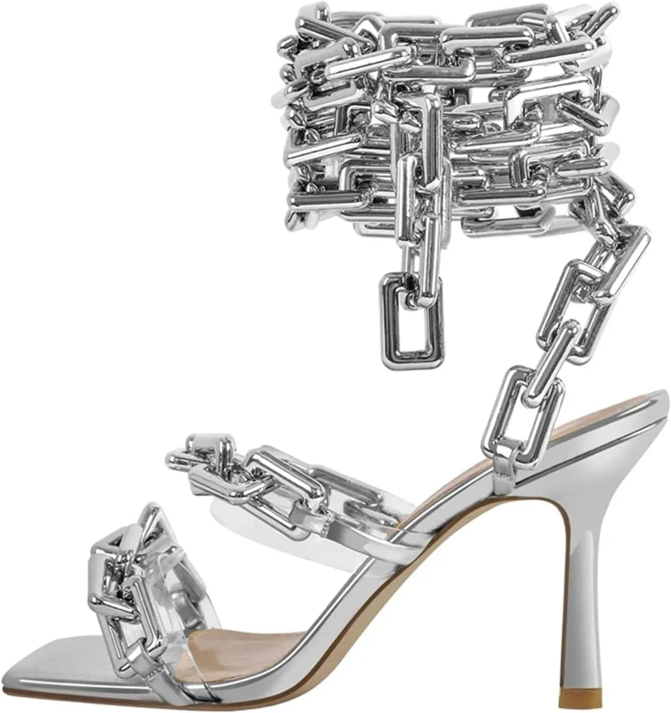 Women's Gold Chain Sandals - Square Toe Lace-Up Party Stilettos