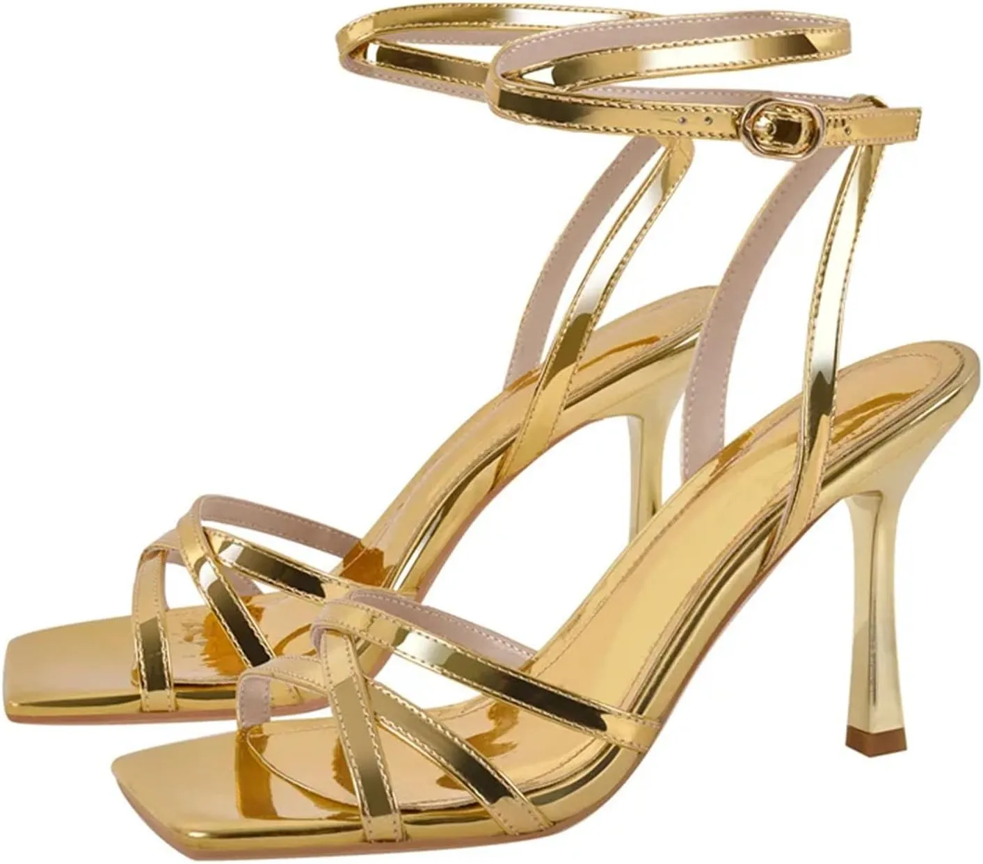 Women's Gold Cross-Strap Sandals - Slingback Ankle Strap Heels