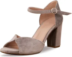 Womens Grey Velvet Open Toe Block Heel Shoes Adjustable Metal Buckle Round Toe Heeled Sandals Comfortable Wedding Party Dress Shoes