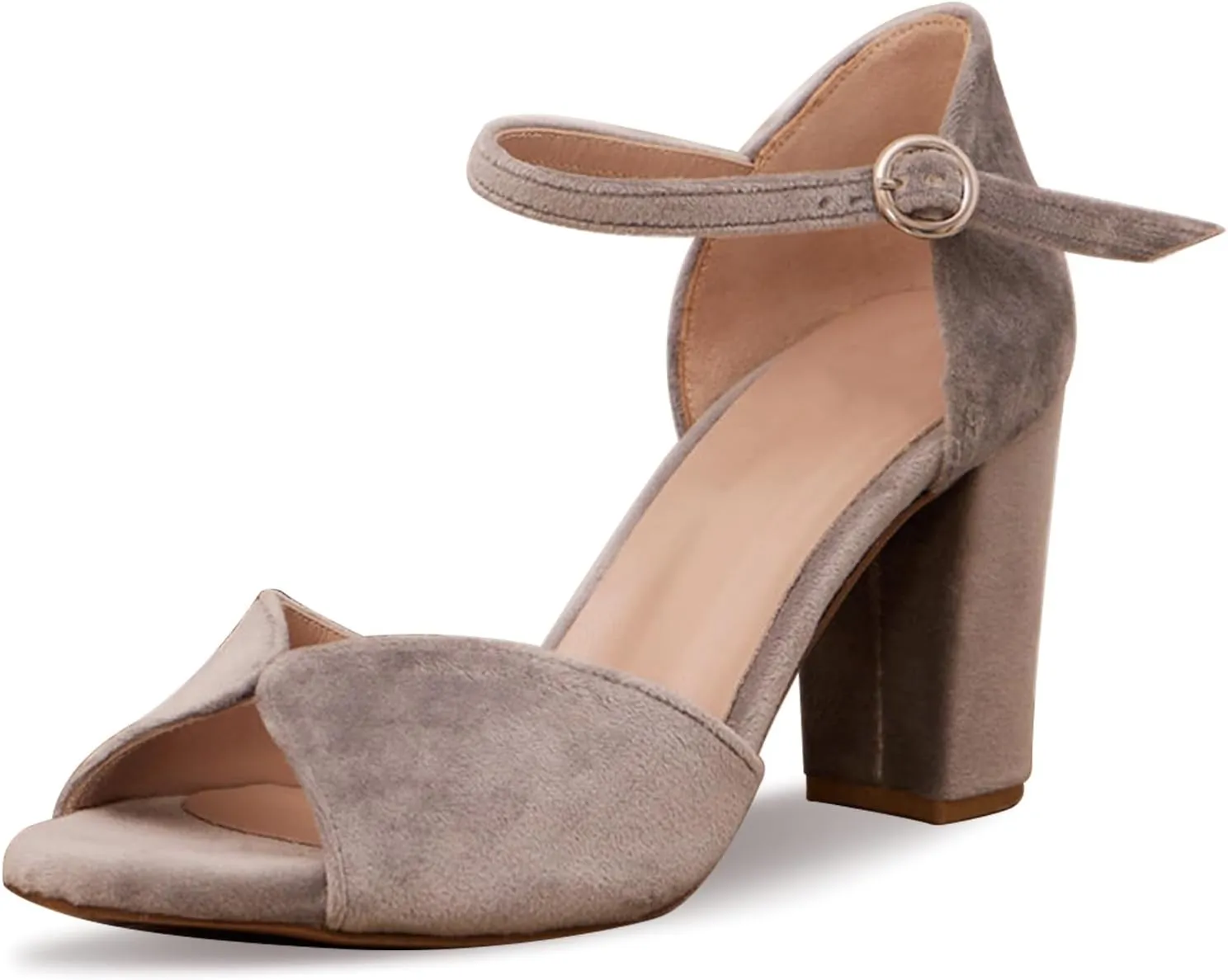 Womens Grey Velvet Open Toe Block Heel Shoes Adjustable Metal Buckle Round Toe Heeled Sandals Comfortable Wedding Party Dress Shoes