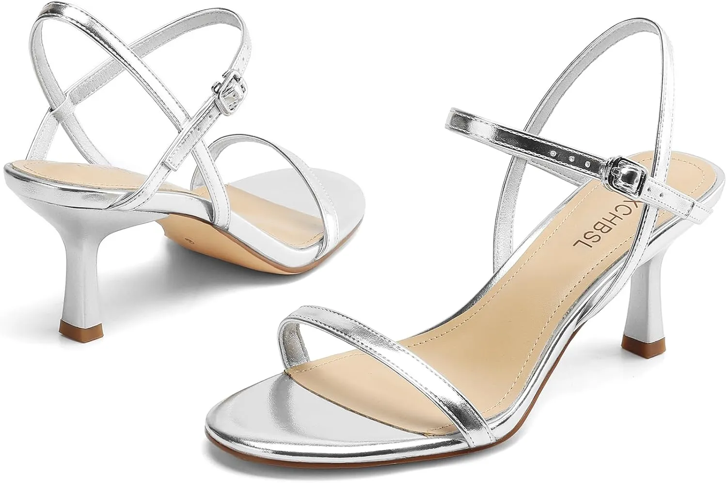 Women's Heels Round Open Toe Strappy Sandals Adjustable Ankle Strap Dress Shoes Kitten Heels for Party Wedding