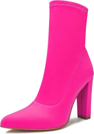 Women's High Heeled Booties Pointed Toe Mid Calf Ankle Boots Block Chunky Heels boot Stretch Fashion Sexy Wedding Short Bootie