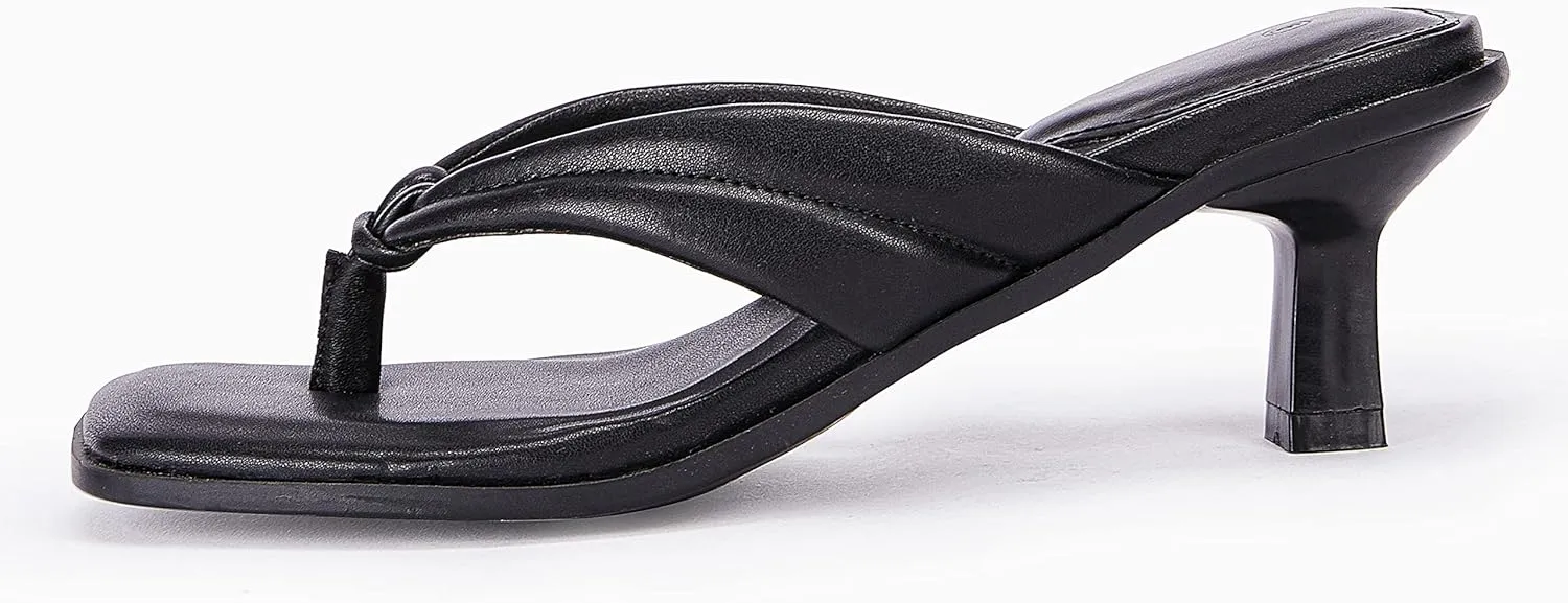 Womens Kitten Heel Thong Sandals Flip Flops Slip On Square Open Toe Slippers Low Stacked Heeled Mules