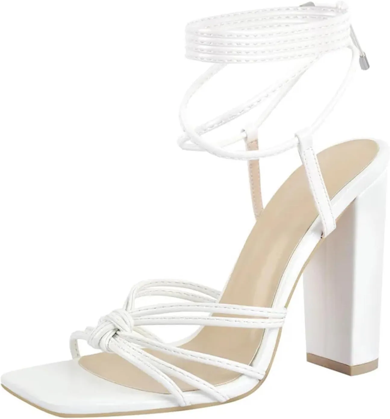 Women's Knotted Square Toe Sandals - White Matte Chunky Heels