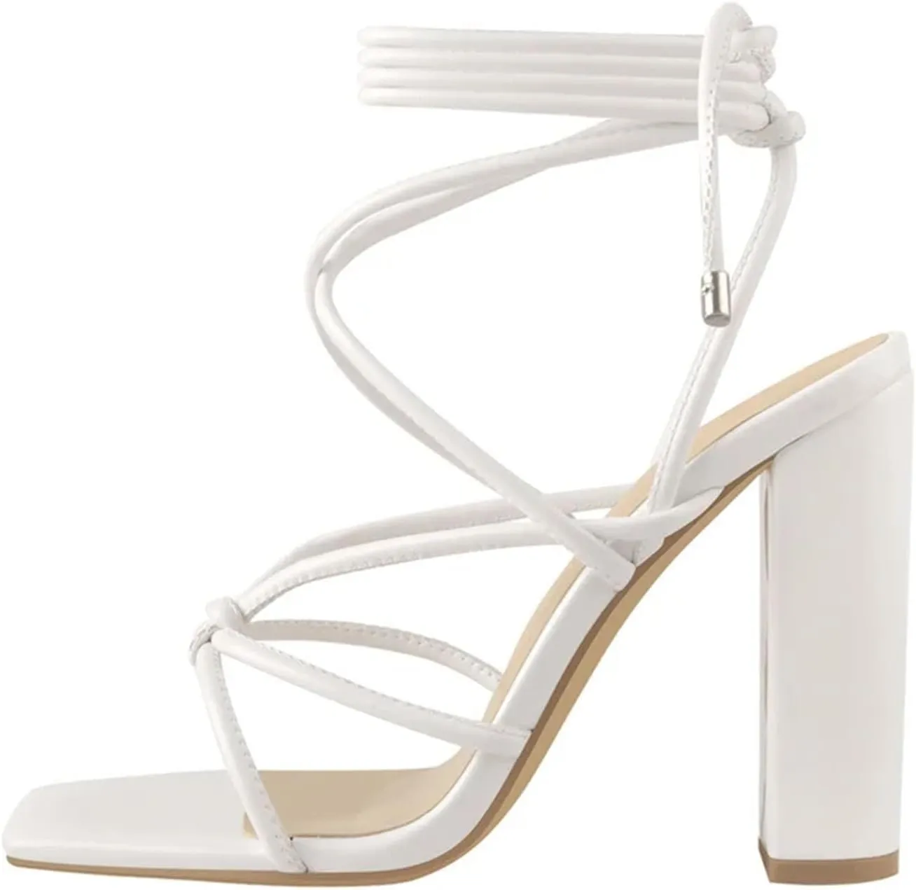 Women's Knotted Square Toe Sandals - White Matte Chunky Heels