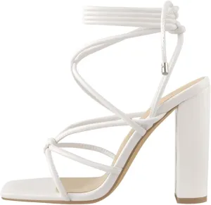 Women's Knotted Square Toe Sandals - White Matte Chunky Heels