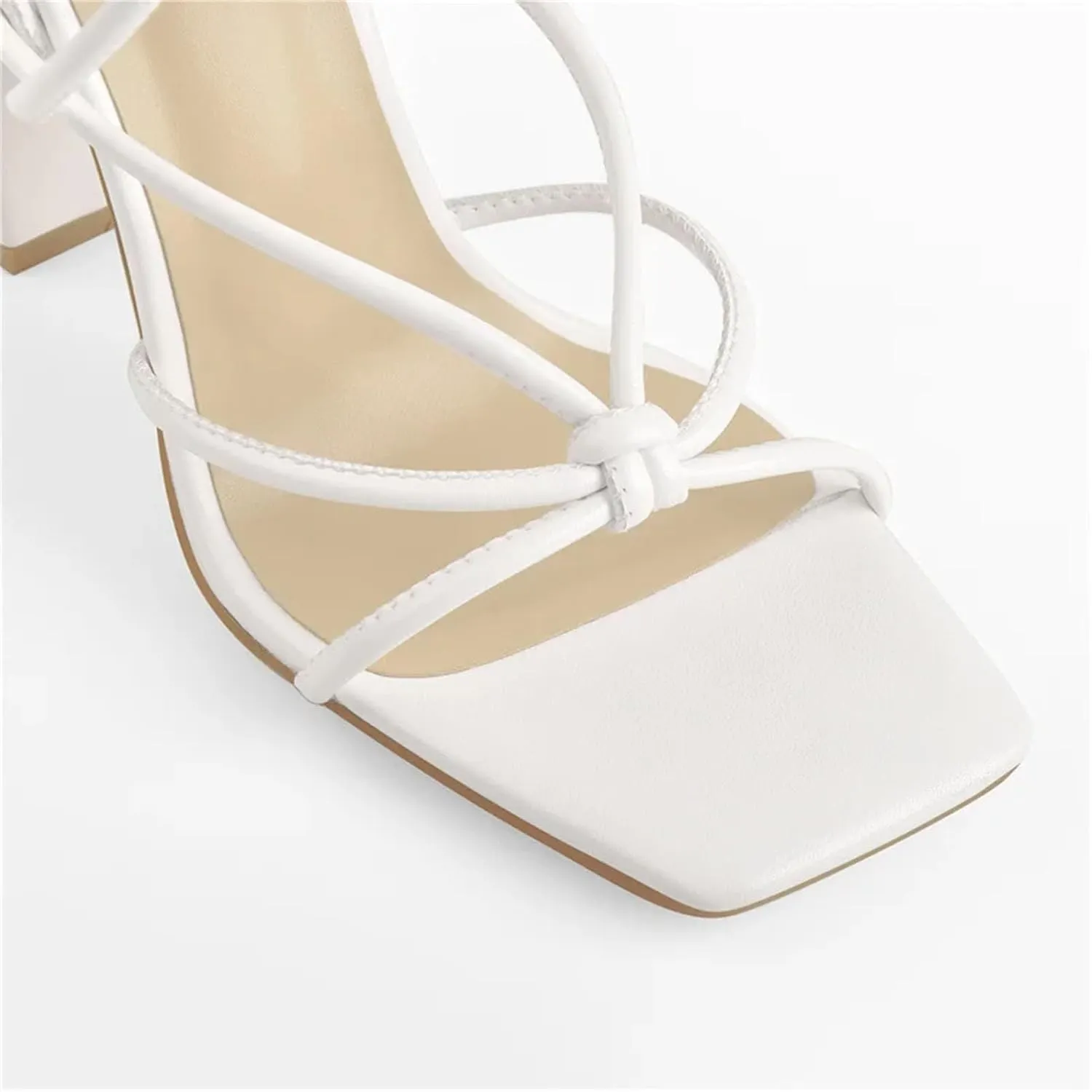 Women's Knotted Square Toe Sandals - White Matte Chunky Heels