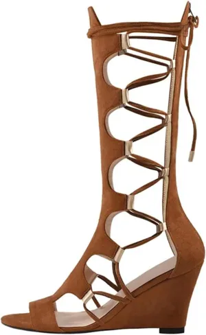 Women's Lace-Up Gladiator Wedge Sandals - Cutout Mid Calf Party Boots