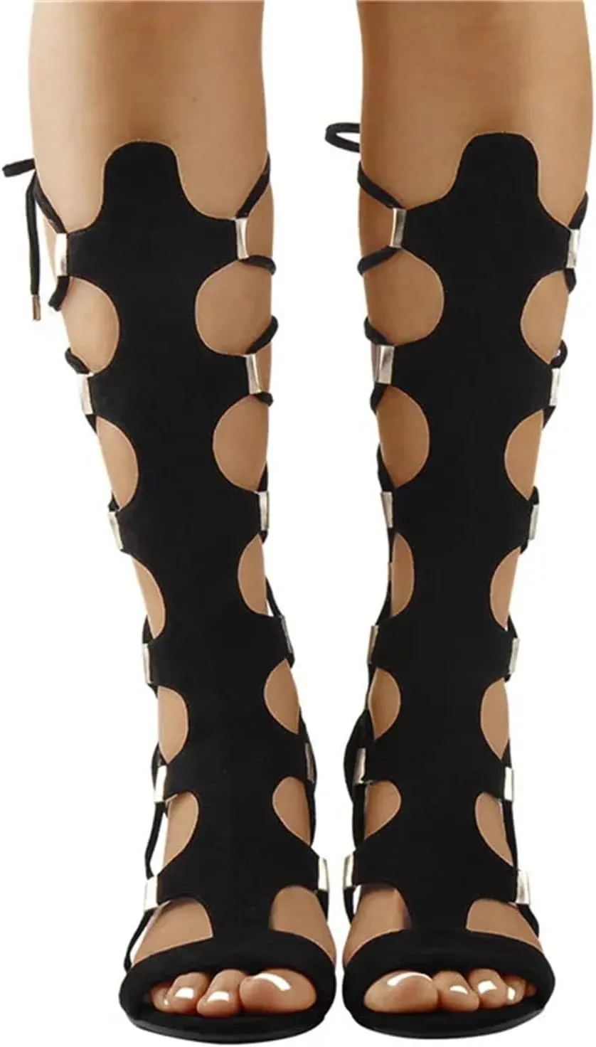 Women's Lace-Up Gladiator Wedge Sandals - Cutout Mid Calf Party Boots