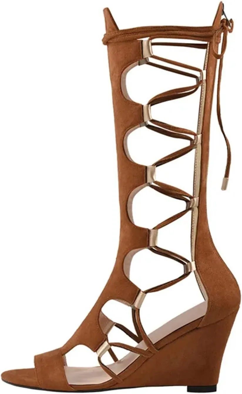 Women's Lace-Up Gladiator Wedge Sandals - Cutout Mid Calf Party Boots