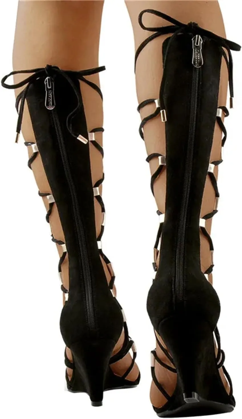 Women's Lace-Up Gladiator Wedge Sandals - Cutout Mid Calf Party Boots