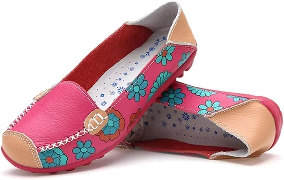 Women's Leather Floral Loafers Flats Shoes Slip-Ons