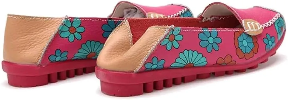 Women's Leather Floral Loafers Flats Shoes Slip-Ons