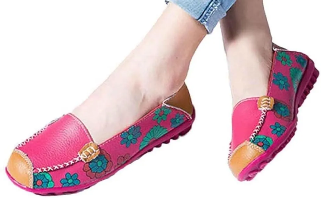 Women's Leather Floral Loafers Flats Shoes Slip-Ons