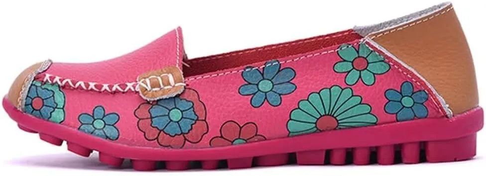 Women's Leather Floral Loafers Flats Shoes Slip-Ons