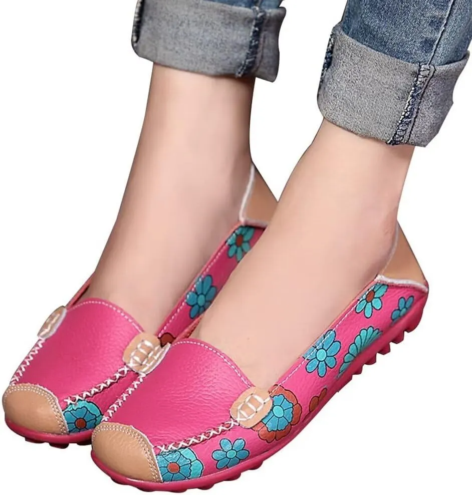 Women's Leather Floral Loafers Flats Shoes Slip-Ons