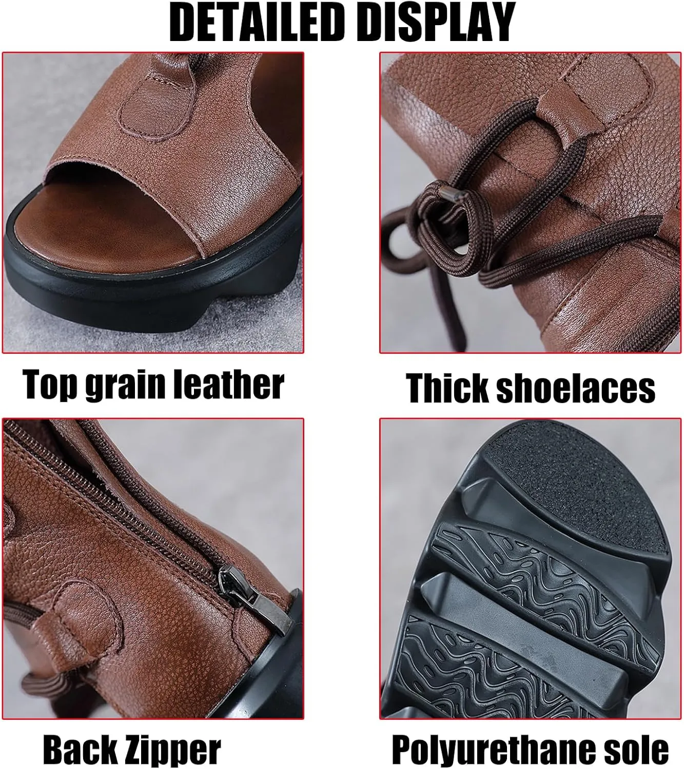 Women's Leather High Top Platform Sandals Vintage Casual Open Toe Lace Up Back Zipper Chunky Wedge Booties Comfortable Soft Sole Roman Sandals