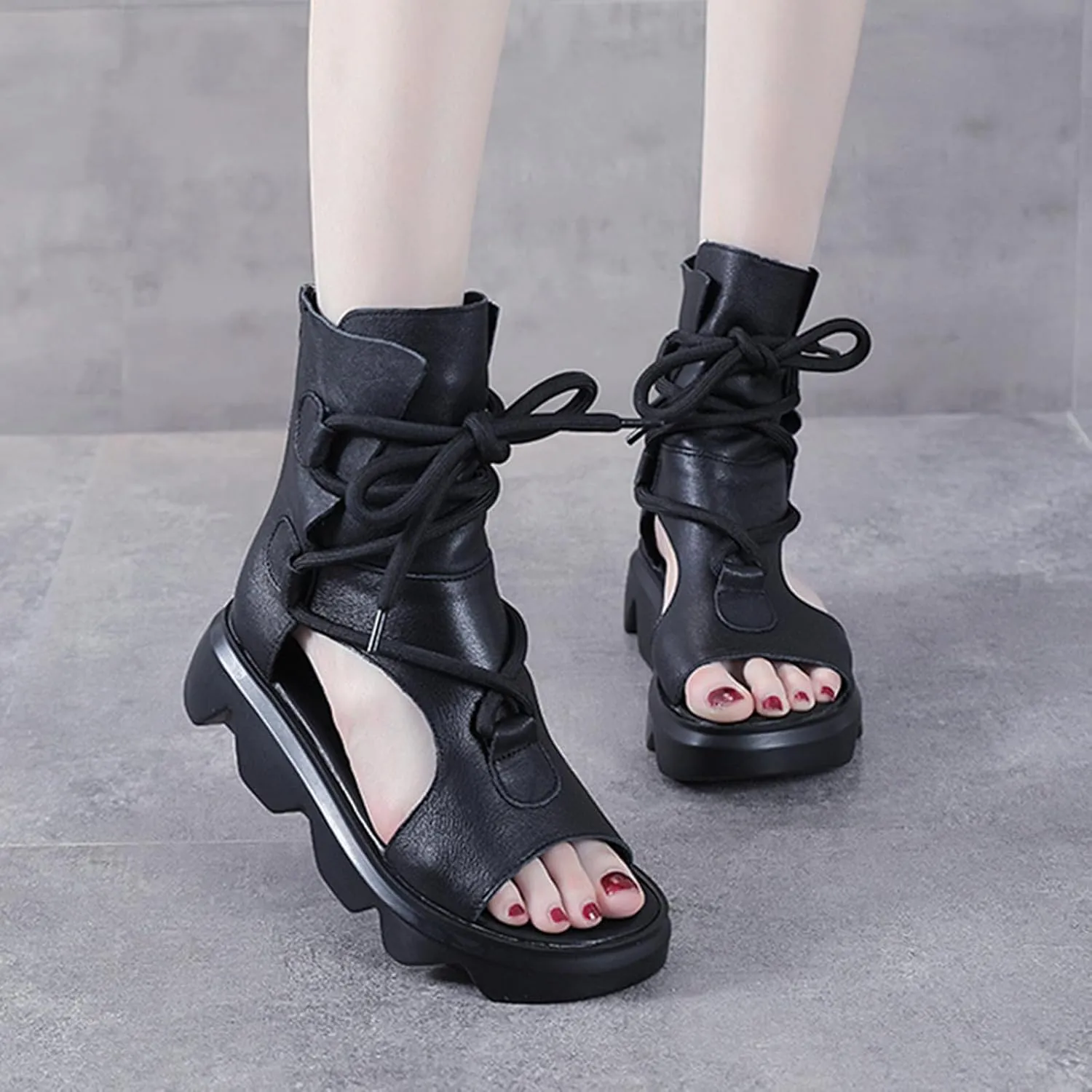 Women's Leather High Top Platform Sandals Vintage Casual Open Toe Lace Up Back Zipper Chunky Wedge Booties Comfortable Soft Sole Roman Sandals