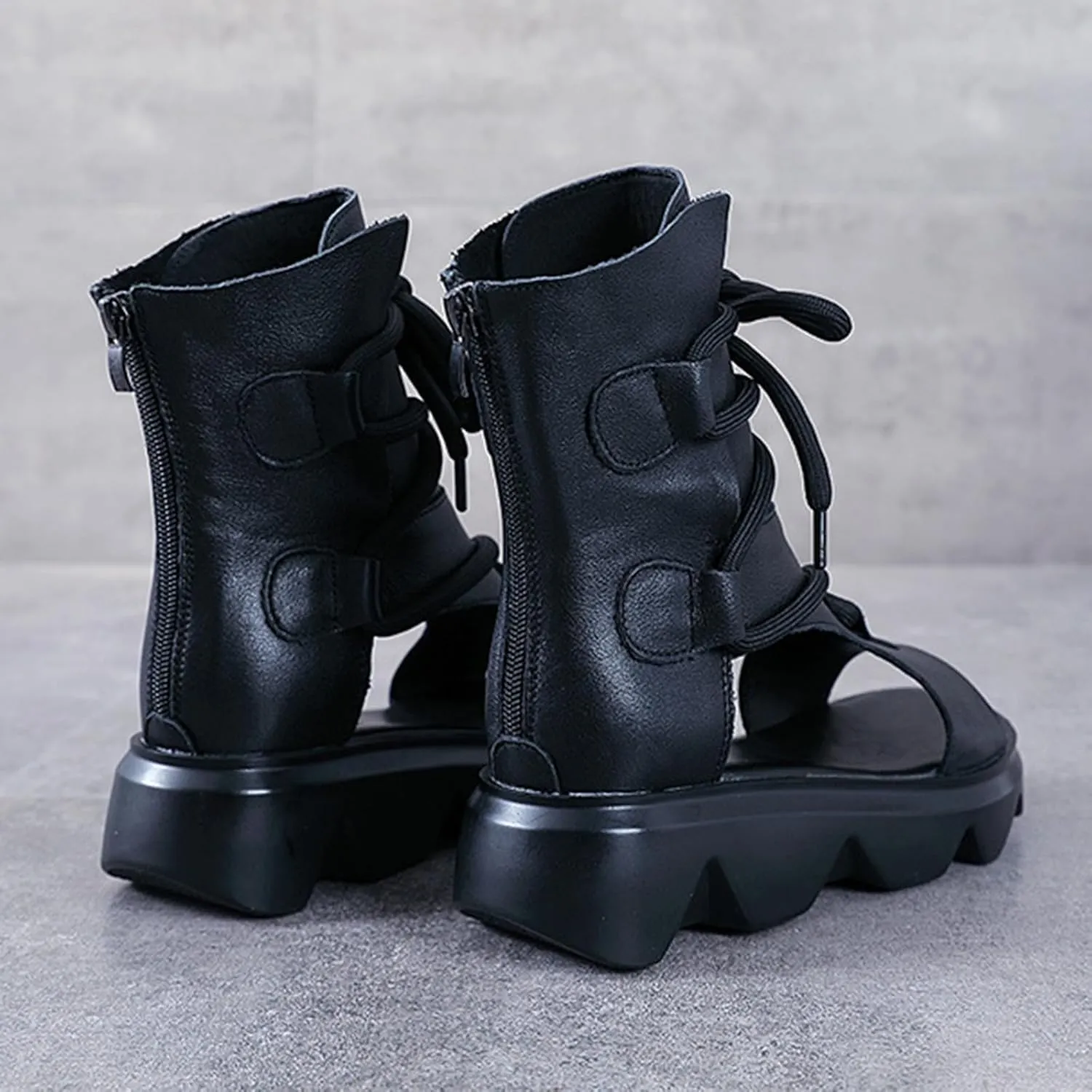 Women's Leather High Top Platform Sandals Vintage Casual Open Toe Lace Up Back Zipper Chunky Wedge Booties Comfortable Soft Sole Roman Sandals
