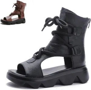 Women's Leather High Top Platform Sandals Vintage Casual Open Toe Lace Up Back Zipper Chunky Wedge Booties Comfortable Soft Sole Roman Sandals