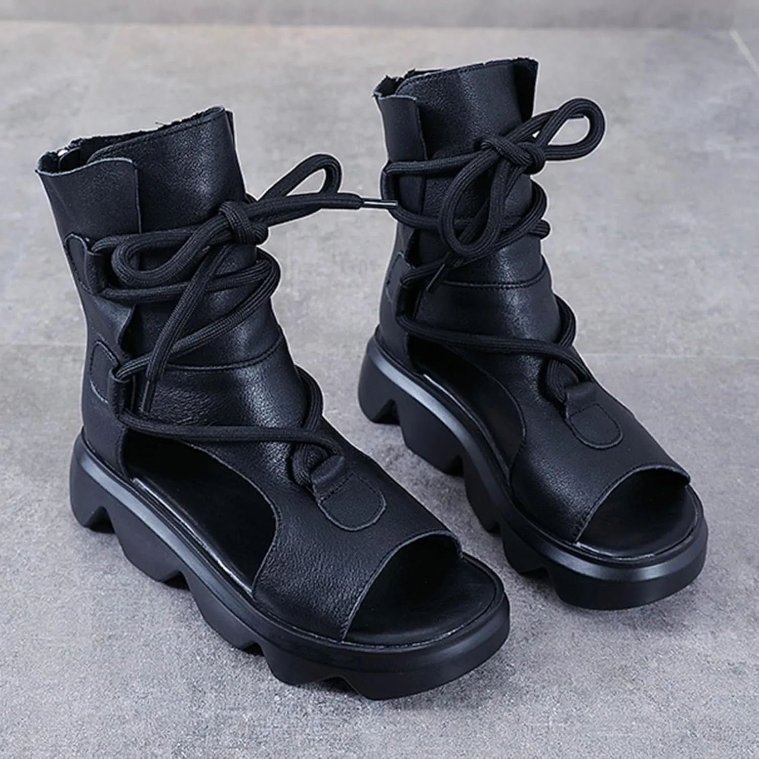 Women's Leather High Top Platform Sandals Vintage Casual Open Toe Lace Up Back Zipper Chunky Wedge Booties Comfortable Soft Sole Roman Sandals
