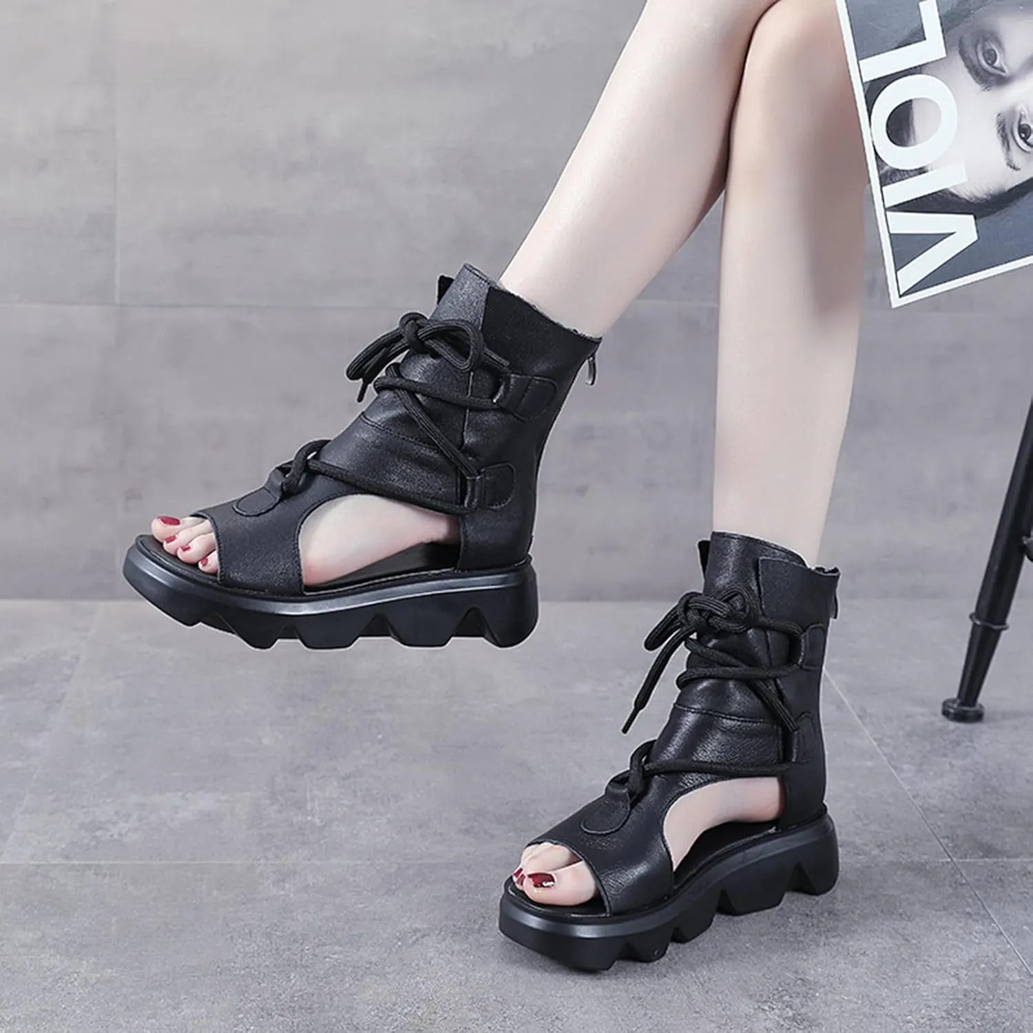 Women's Leather High Top Platform Sandals Vintage Casual Open Toe Lace Up Back Zipper Chunky Wedge Booties Comfortable Soft Sole Roman Sandals