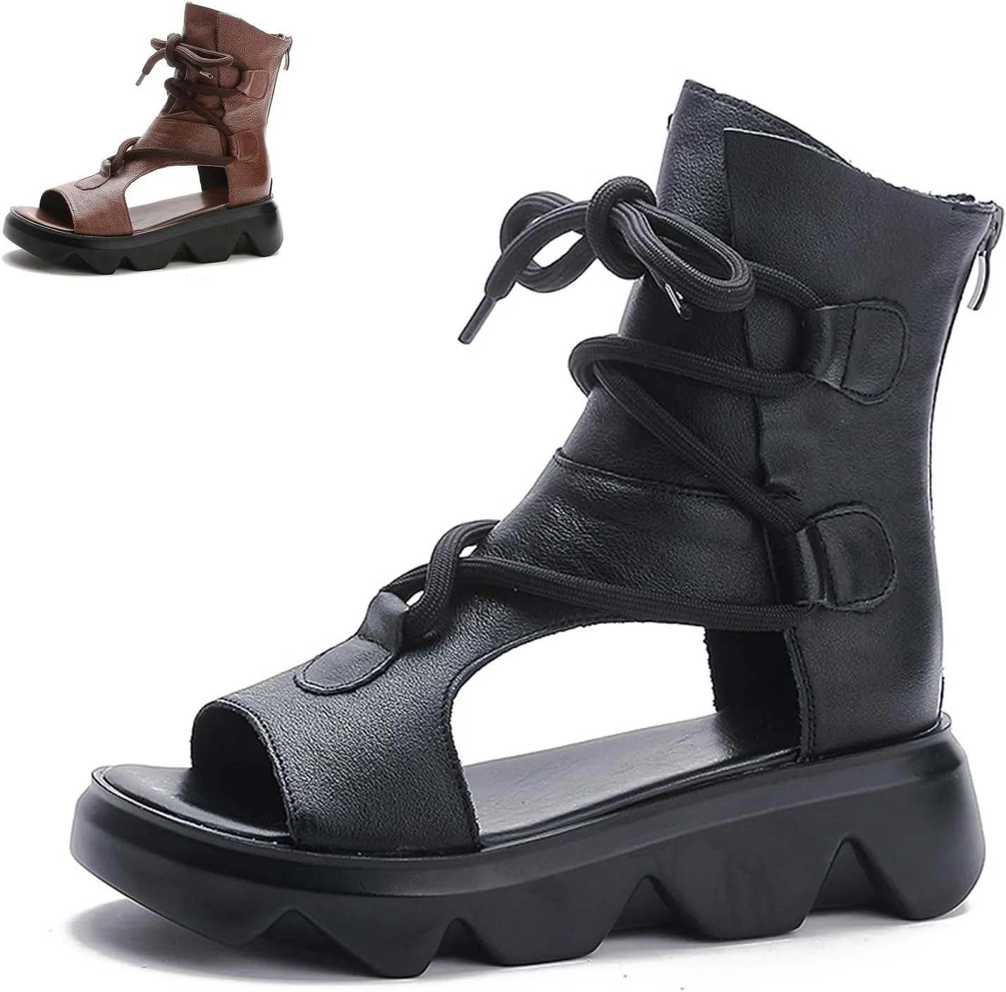 Women's Leather High Top Platform Sandals Vintage Casual Open Toe Lace Up Back Zipper Chunky Wedge Booties Comfortable Soft Sole Roman Sandals