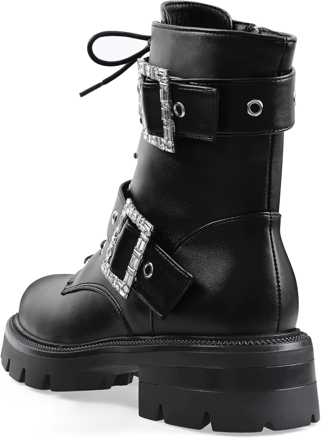 Women's Leather Platform Lug Sole Low Chunky Heel Combat Boots Lace Up Buckles Zipper Fashion Ankle Booties
