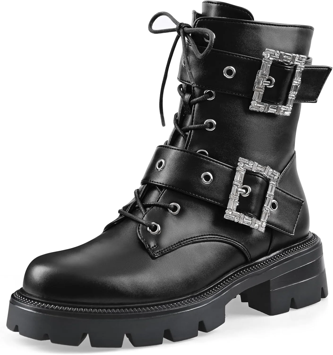Women's Leather Platform Lug Sole Low Chunky Heel Combat Boots Lace Up Buckles Zipper Fashion Ankle Booties