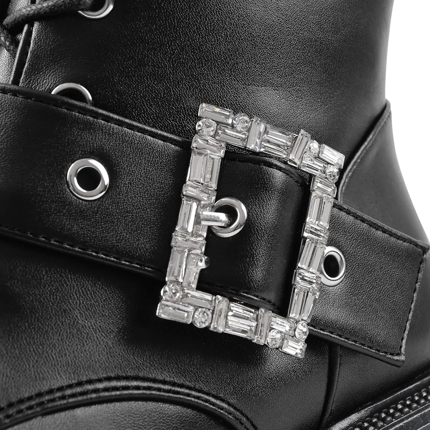 Women's Leather Platform Lug Sole Low Chunky Heel Combat Boots Lace Up Buckles Zipper Fashion Ankle Booties