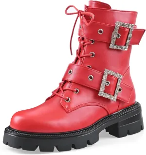 Women's Leather Platform Lug Sole Low Chunky Heel Combat Boots Lace Up Buckles Zipper Fashion Ankle Booties