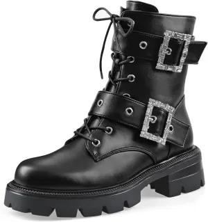 Women's Leather Platform Lug Sole Low Chunky Heel Combat Boots Lace Up Buckles Zipper Fashion Ankle Booties