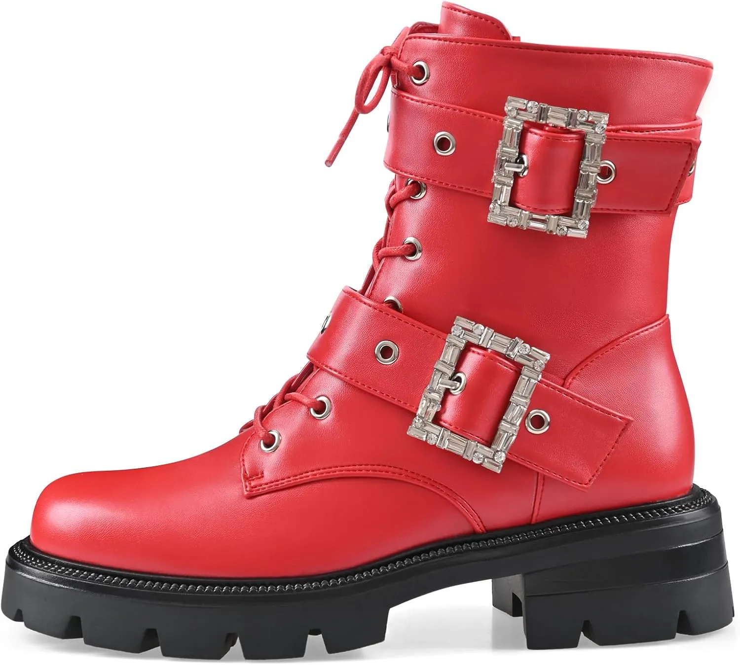 Women's Leather Platform Lug Sole Low Chunky Heel Combat Boots Lace Up Buckles Zipper Fashion Ankle Booties