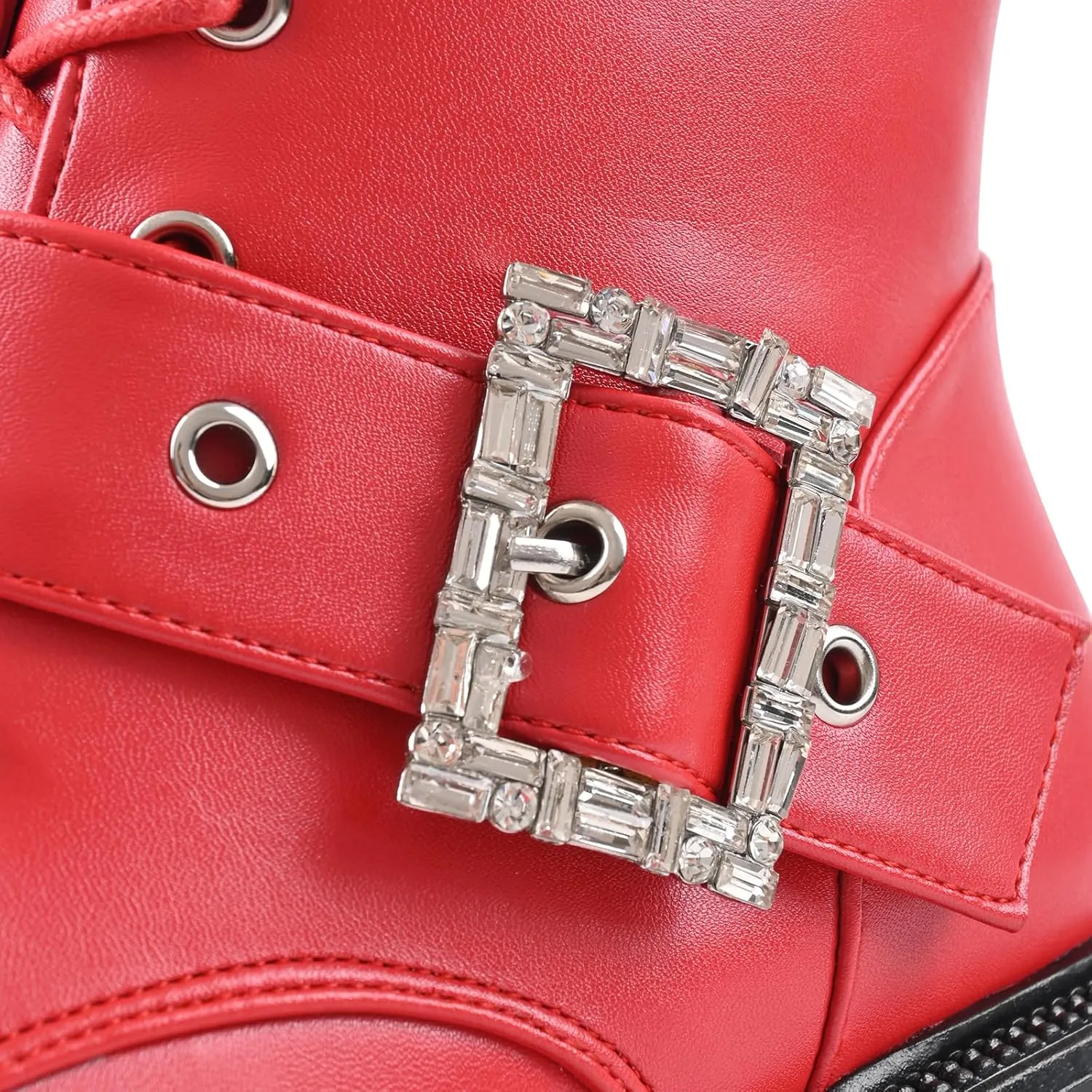 Women's Leather Platform Lug Sole Low Chunky Heel Combat Boots Lace Up Buckles Zipper Fashion Ankle Booties