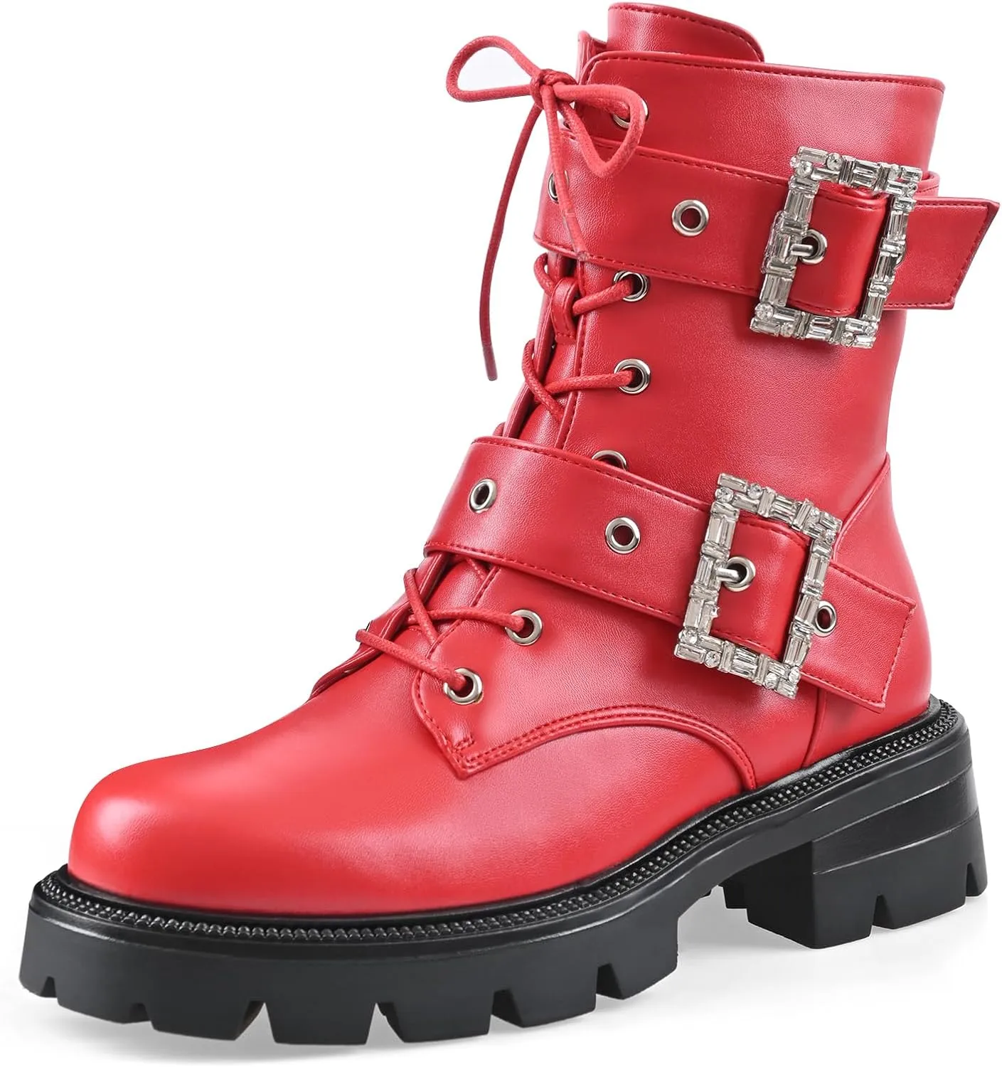 Women's Leather Platform Lug Sole Low Chunky Heel Combat Boots Lace Up Buckles Zipper Fashion Ankle Booties