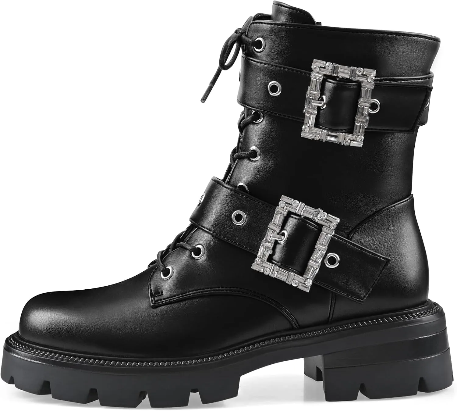 Women's Leather Platform Lug Sole Low Chunky Heel Combat Boots Lace Up Buckles Zipper Fashion Ankle Booties