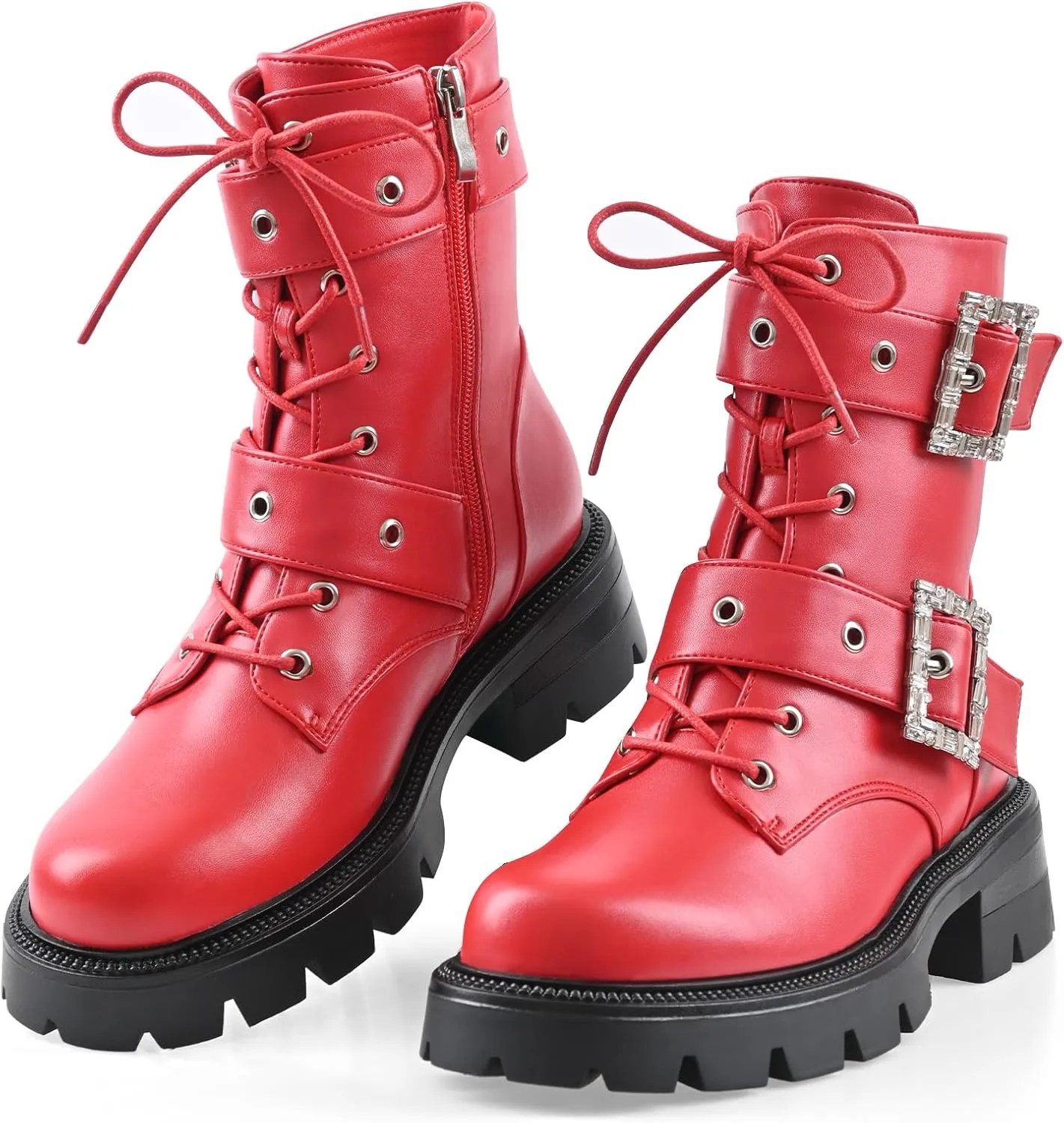Women's Leather Platform Lug Sole Low Chunky Heel Combat Boots Lace Up Buckles Zipper Fashion Ankle Booties