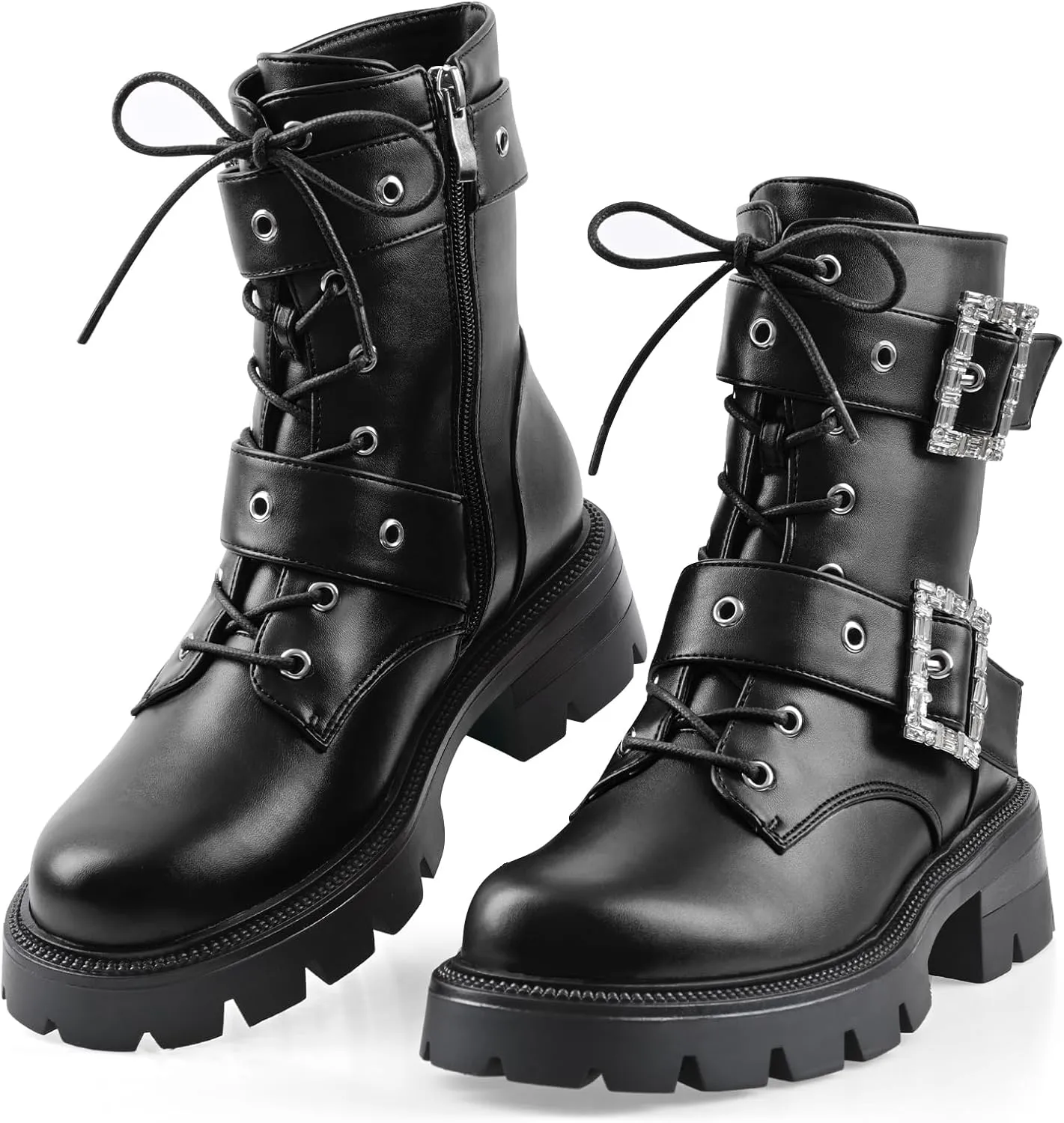Women's Leather Platform Lug Sole Low Chunky Heel Combat Boots Lace Up Buckles Zipper Fashion Ankle Booties