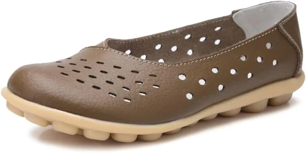 Women's Leather Shoes Loafers Slip-Ons Flats Casual Walking Driving Breathable Cutout