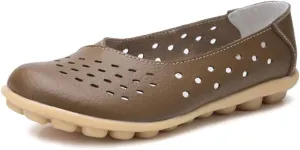 Women's Leather Shoes Loafers Slip-Ons Flats Casual Walking Driving Breathable Cutout