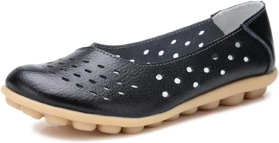 Women's Leather Shoes Loafers Slip-Ons Flats Casual Walking Driving Breathable Cutout