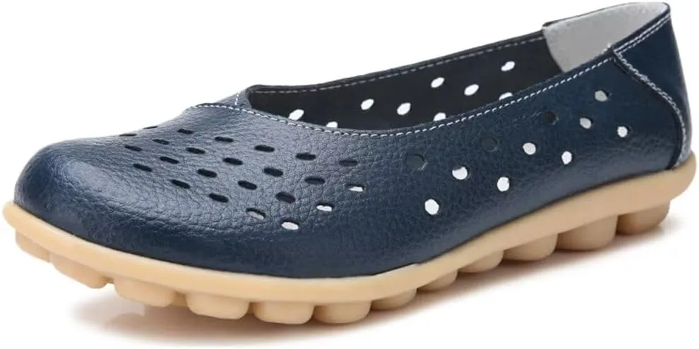 Women's Leather Shoes Loafers Slip-Ons Flats Casual Walking Driving Breathable Cutout