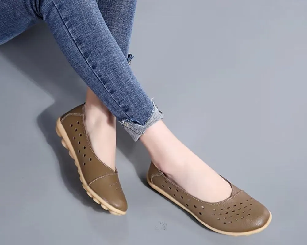 Women's Leather Shoes Loafers Slip-Ons Flats Casual Walking Driving Breathable Cutout